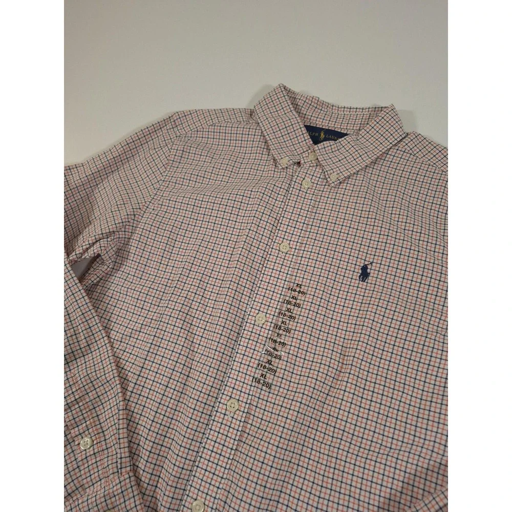 Ralph Lauren Shirt Boys XL 18-20 Orange Check Button Down Long Sleeve Pony Logo